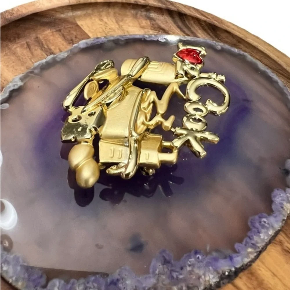 Vintage Danecraft Brooch Pin I Love 2  Cook Gold‎ Tone Chef Gift